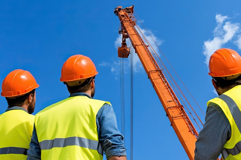 Three construction workers in yellow vests and orange hard hats watch a tall orange crane against a blue sky.